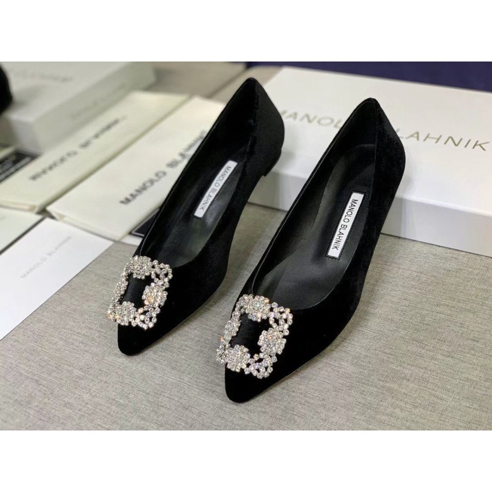 Cheap Reps Manolo Blahnik Hangisi Flats In Black Velvet with Crystal Buckle