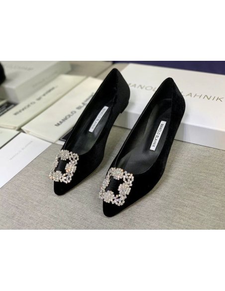 Cheap Reps Manolo Blahnik Hangisi Flats In Black Velvet with Crystal Buckle