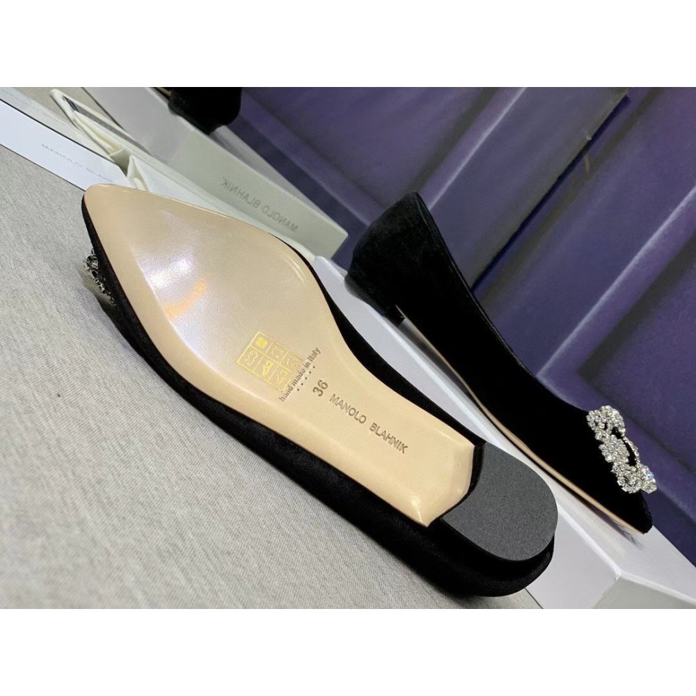 Cheap Reps Manolo Blahnik Hangisi Flats In Black Velvet with Crystal Buckle