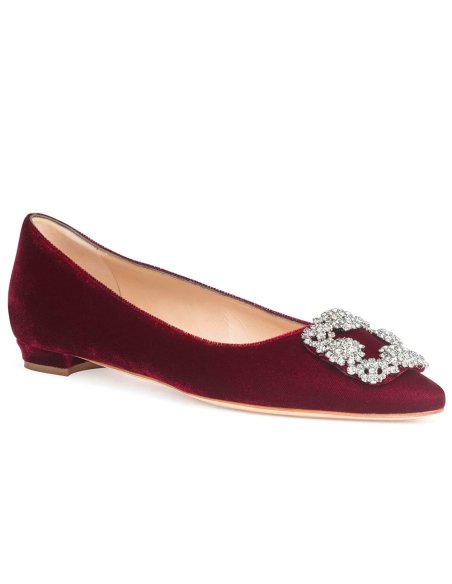 Cheap Reps Manolo Blahnik Hangisi Flats In Red Velvet with Crystal Buckle