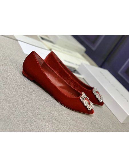 Cheap Reps Manolo Blahnik Hangisi Flats In Red Velvet with Crystal Buckle