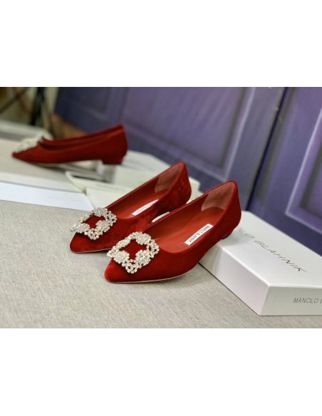 Cheap Reps Manolo Blahnik Hangisi Flats In Red Velvet with Crystal Buckle