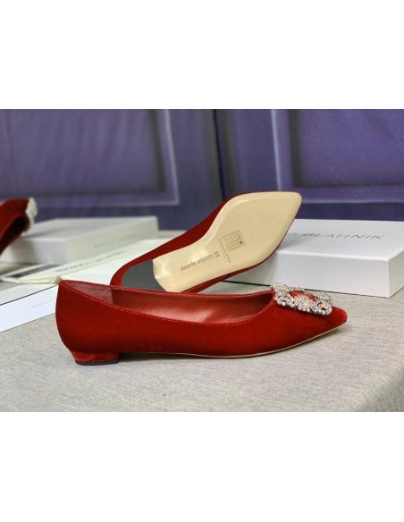 Cheap Reps Manolo Blahnik Hangisi Flats In Red Velvet with Crystal Buckle