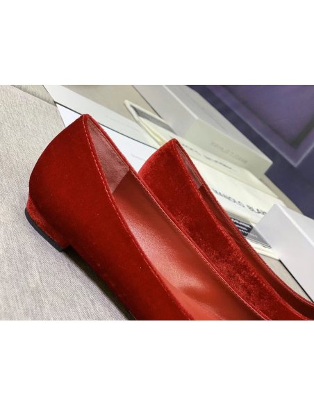 Cheap Reps Manolo Blahnik Hangisi Flats In Red Velvet with Crystal Buckle