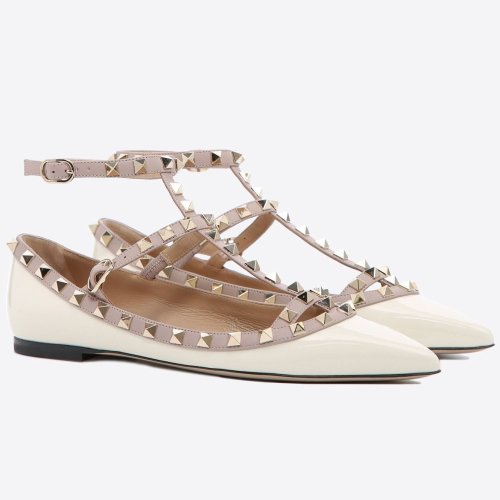 Cheap Reps Valentino Caged Rockstud Ballet Flats In White Patent Leather