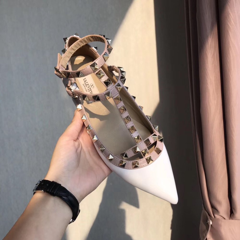 Cheap Reps Valentino Caged Rockstud Ballet Flats In White Patent Leather