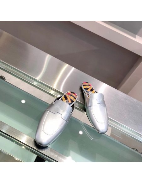 Cheap Reps Hermes Catena Mules In Silver Metallic Calfskin