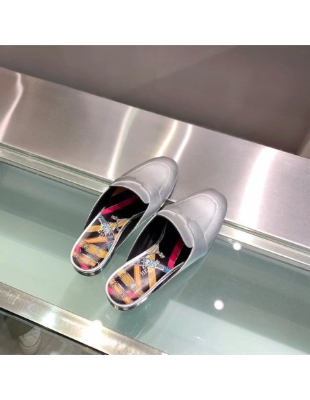 Cheap Reps Hermes Catena Mules In Silver Metallic Calfskin
