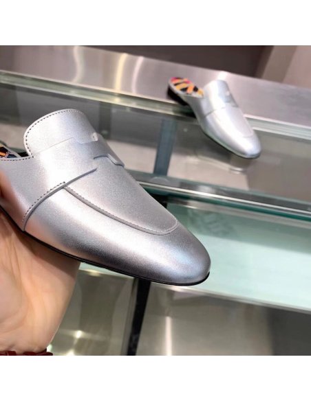 Cheap Reps Hermes Catena Mules In Silver Metallic Calfskin