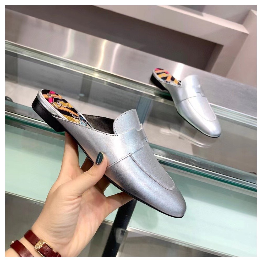 Cheap Reps Hermes Catena Mules In Silver Metallic Calfskin