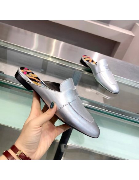 Cheap Reps Hermes Catena Mules In Silver Metallic Calfskin