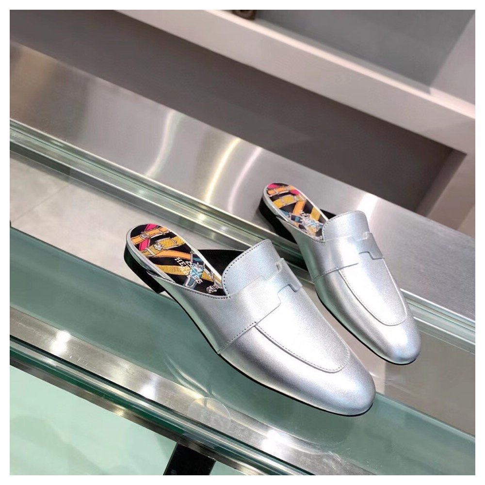 Cheap Reps Hermes Catena Mules In Silver Metallic Calfskin