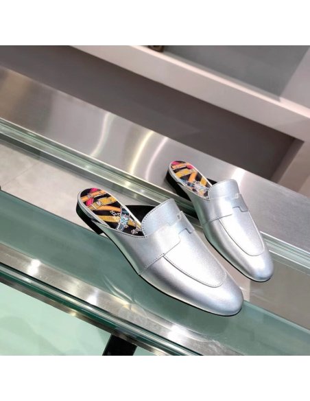 Cheap Reps Hermes Catena Mules In Silver Metallic Calfskin