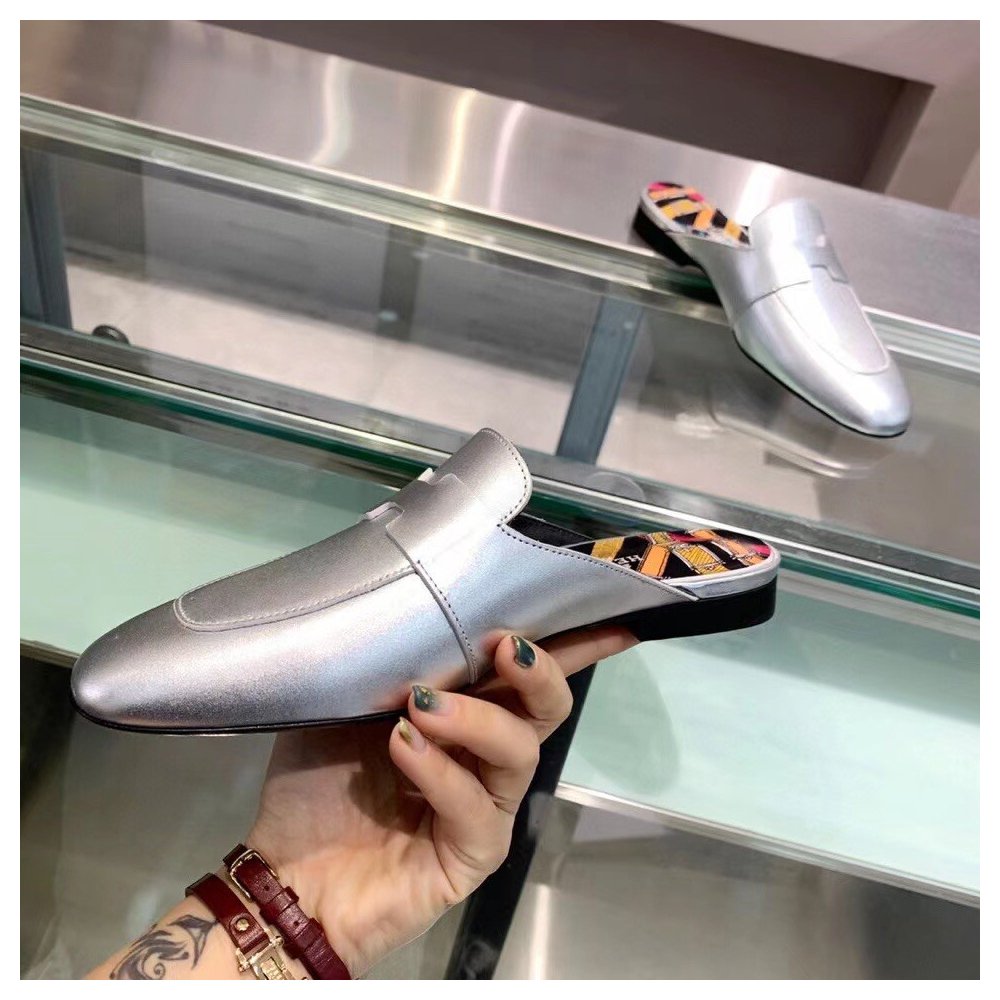 Cheap Reps Hermes Catena Mules In Silver Metallic Calfskin