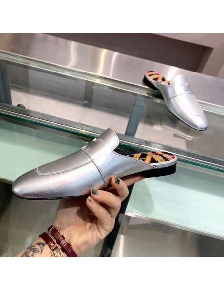 Cheap Reps Hermes Catena Mules In Silver Metallic Calfskin