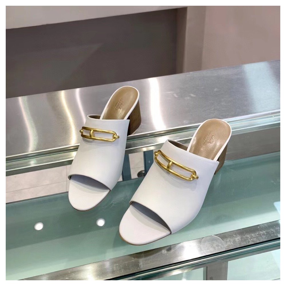 Cheap Reps Hermes Camilla Mules 60MM In White Calfskin