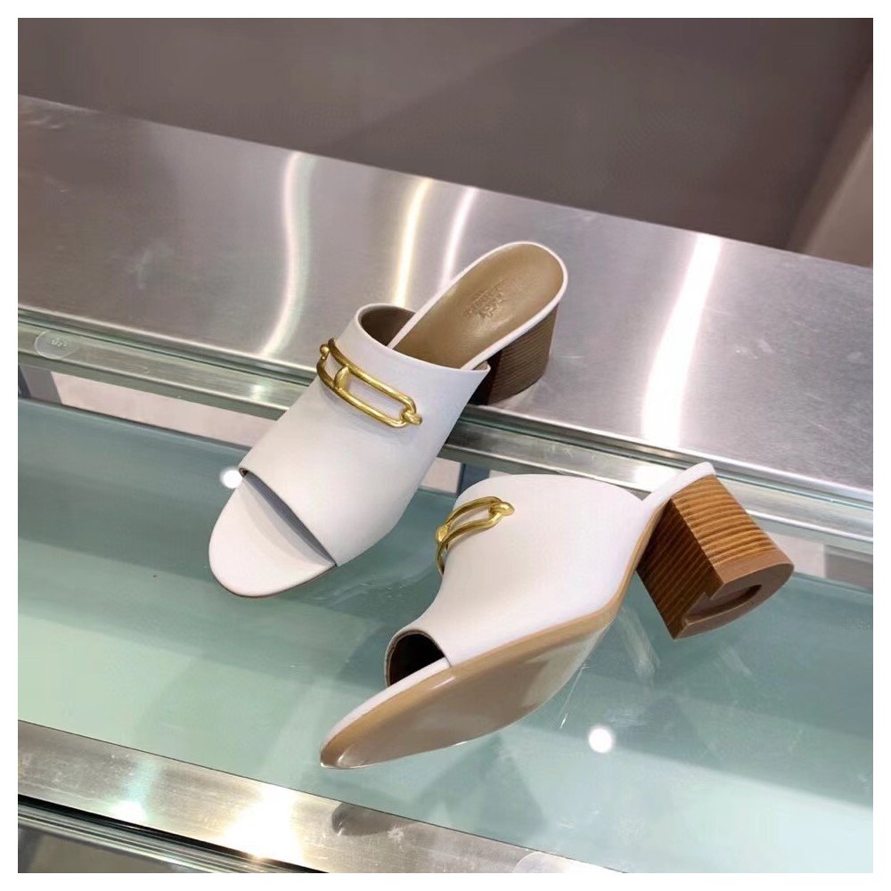 Cheap Reps Hermes Camilla Mules 60MM In White Calfskin
