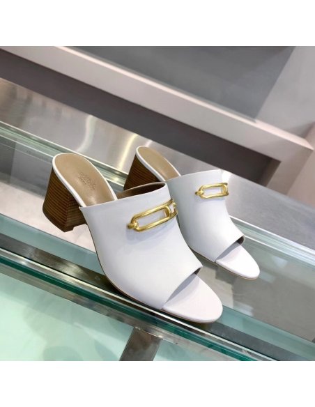 Cheap Reps Hermes Camilla Mules 60MM In White Calfskin