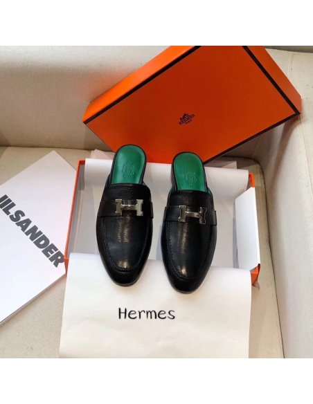 Cheap Reps Hermes Trocadero Mules In Black Goatskin