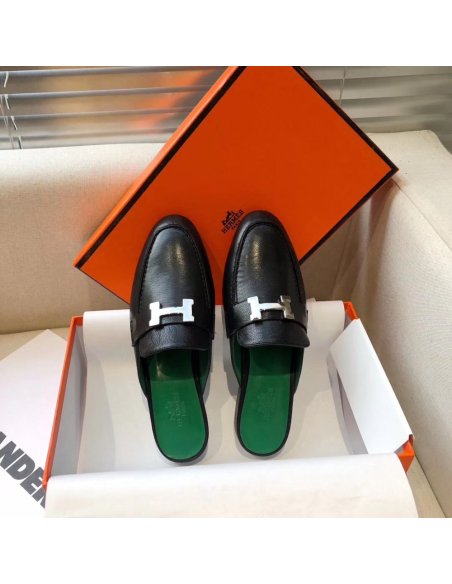 Cheap Reps Hermes Trocadero Mules In Black Goatskin