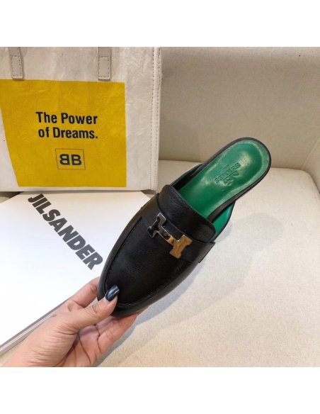 Cheap Reps Hermes Trocadero Mules In Black Goatskin