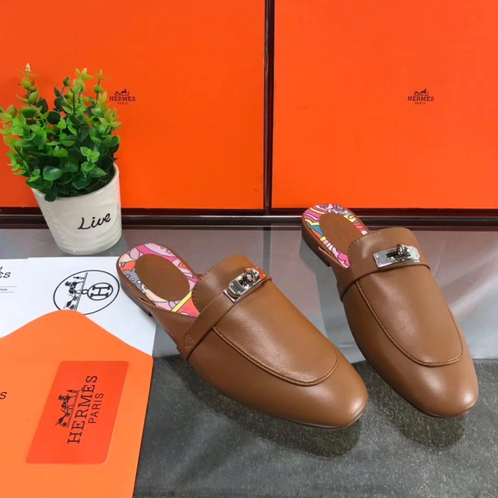 Cheap Reps Hermes Oz Mules In Brown Calfskin