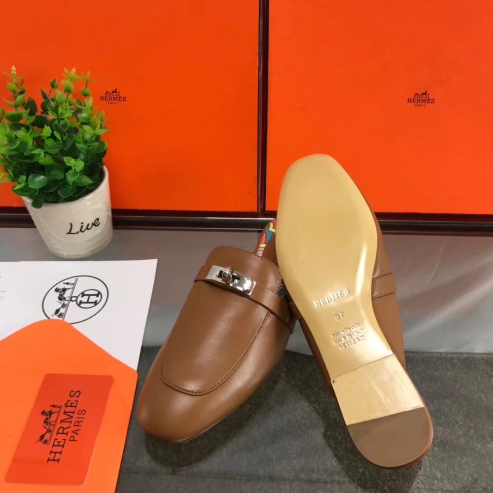 Cheap Reps Hermes Oz Mules In Brown Calfskin