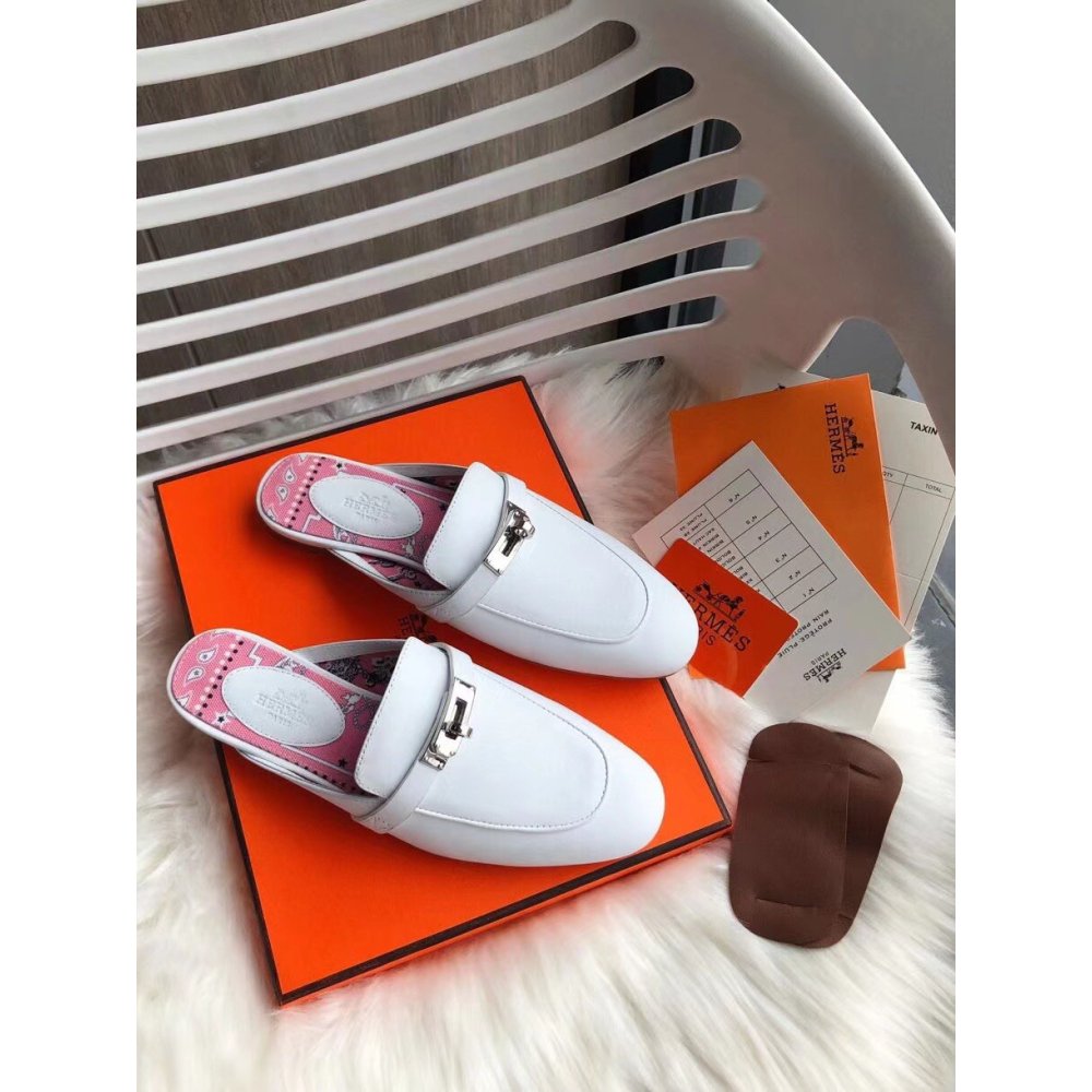 Cheap Reps Hermes Oz Mules In White Calfskin