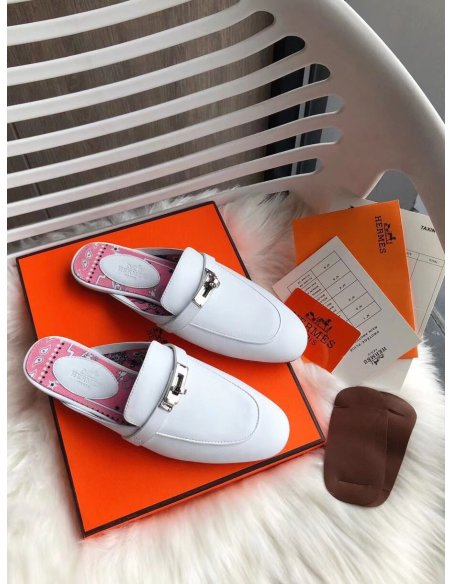 Cheap Reps Hermes Oz Mules In White Calfskin