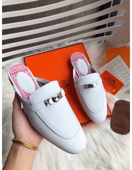 Cheap Reps Hermes Oz Mules In White Calfskin