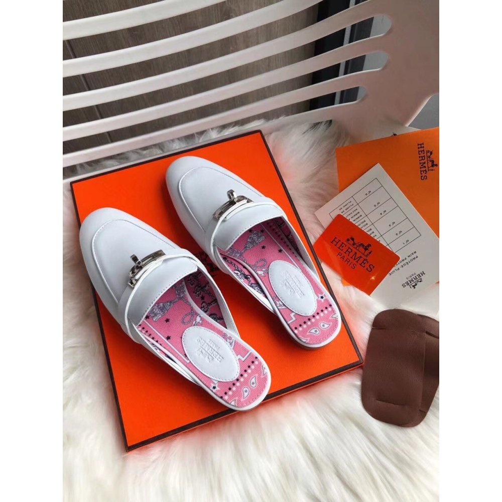 Cheap Reps Hermes Oz Mules In White Calfskin