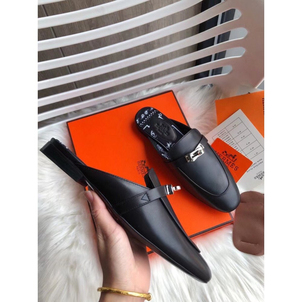 Cheap Reps Hermes Oz Mules In Noir Calfskin