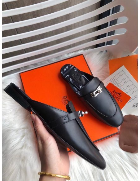 Cheap Reps Hermes Oz Mules In Noir Calfskin