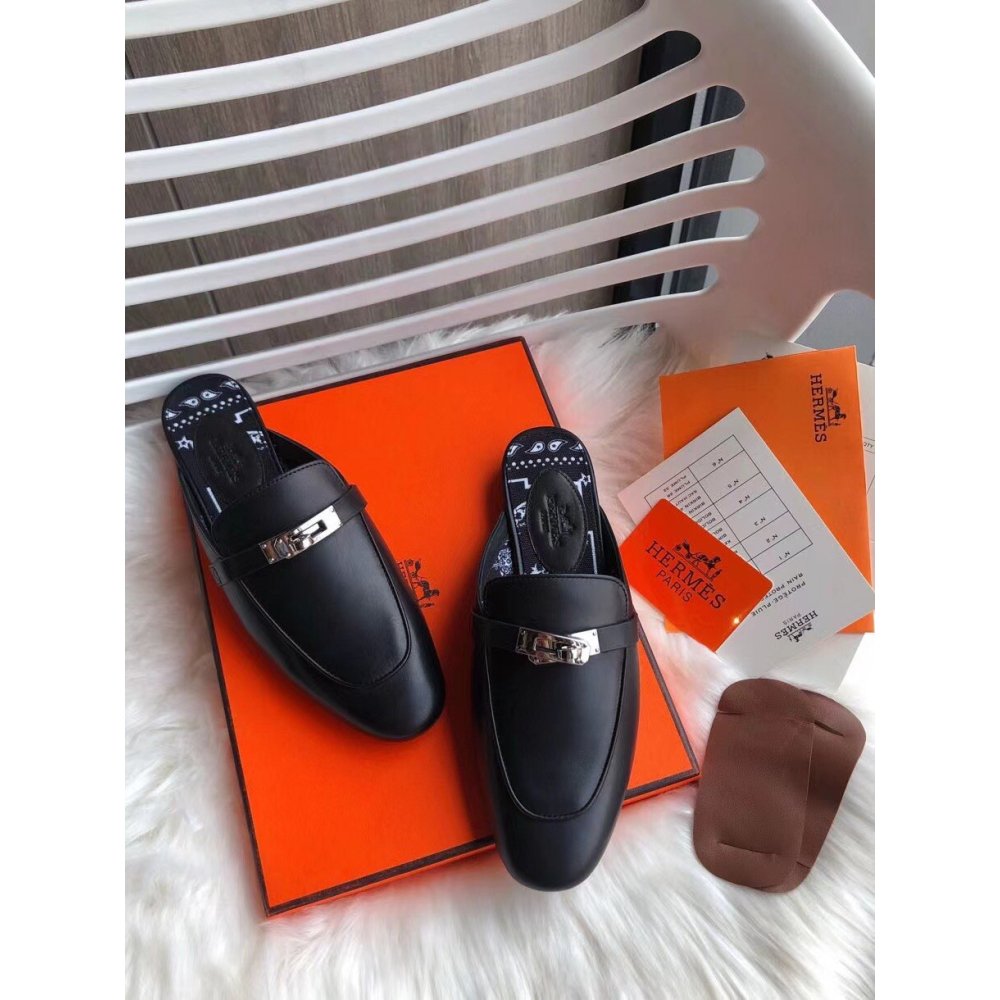 Cheap Reps Hermes Oz Mules In Noir Calfskin