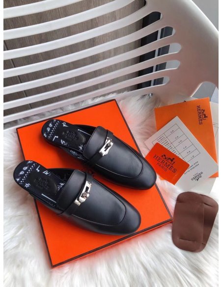 Cheap Reps Hermes Oz Mules In Noir Calfskin
