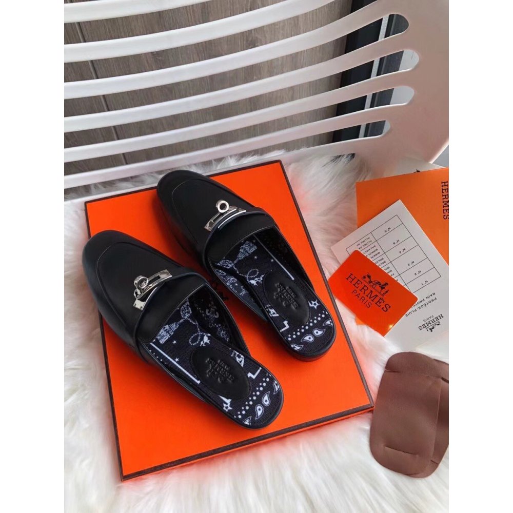 Cheap Reps Hermes Oz Mules In Noir Calfskin