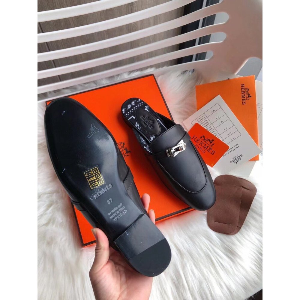 Cheap Reps Hermes Oz Mules In Noir Calfskin