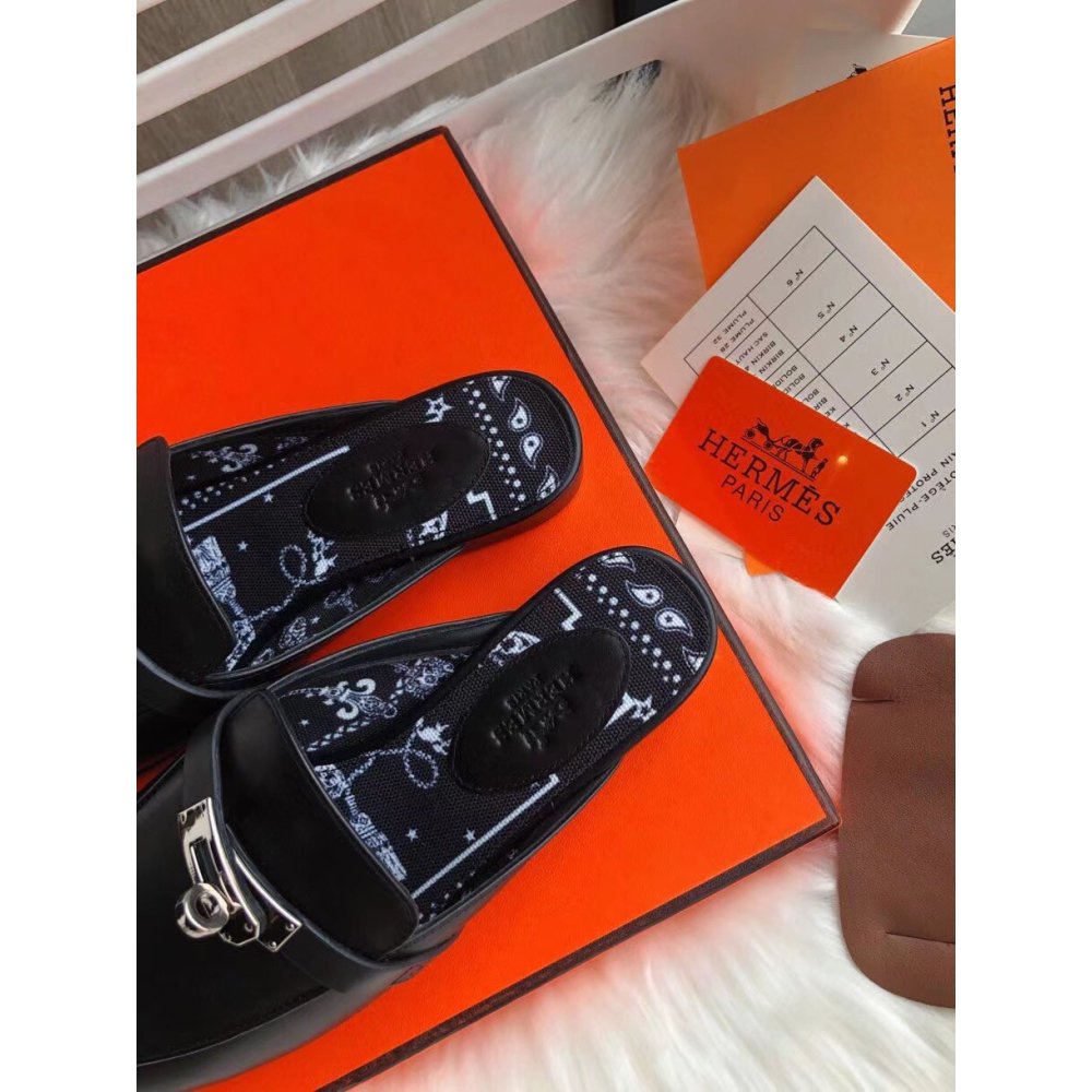 Cheap Reps Hermes Oz Mules In Noir Calfskin