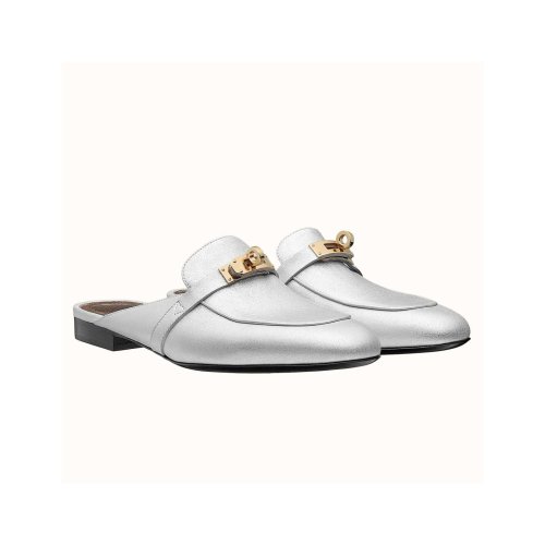 Cheap Reps Hermes Oz Mules In Silver Metallic Calfskin