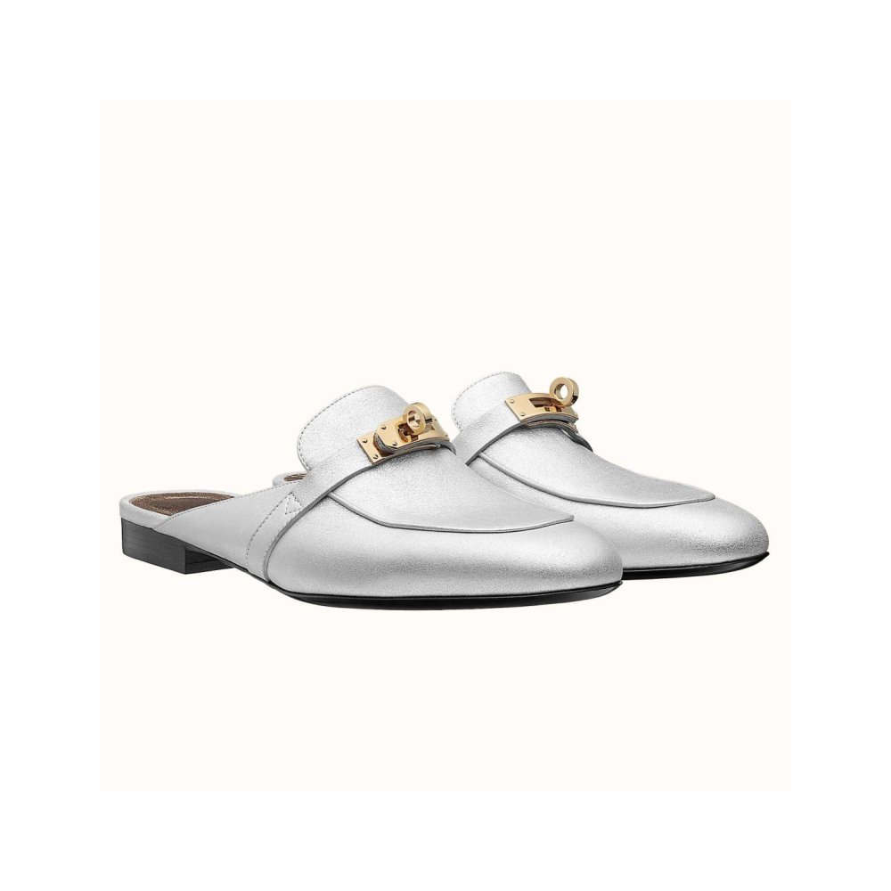 Cheap Reps Hermes Oz Mules In Silver Metallic Calfskin