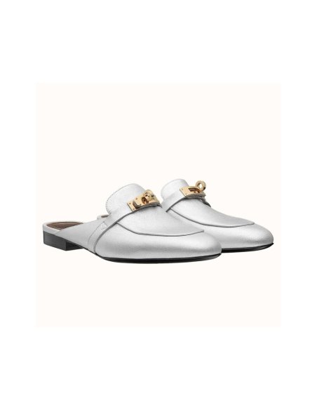 Cheap Reps Hermes Oz Mules In Silver Metallic Calfskin
