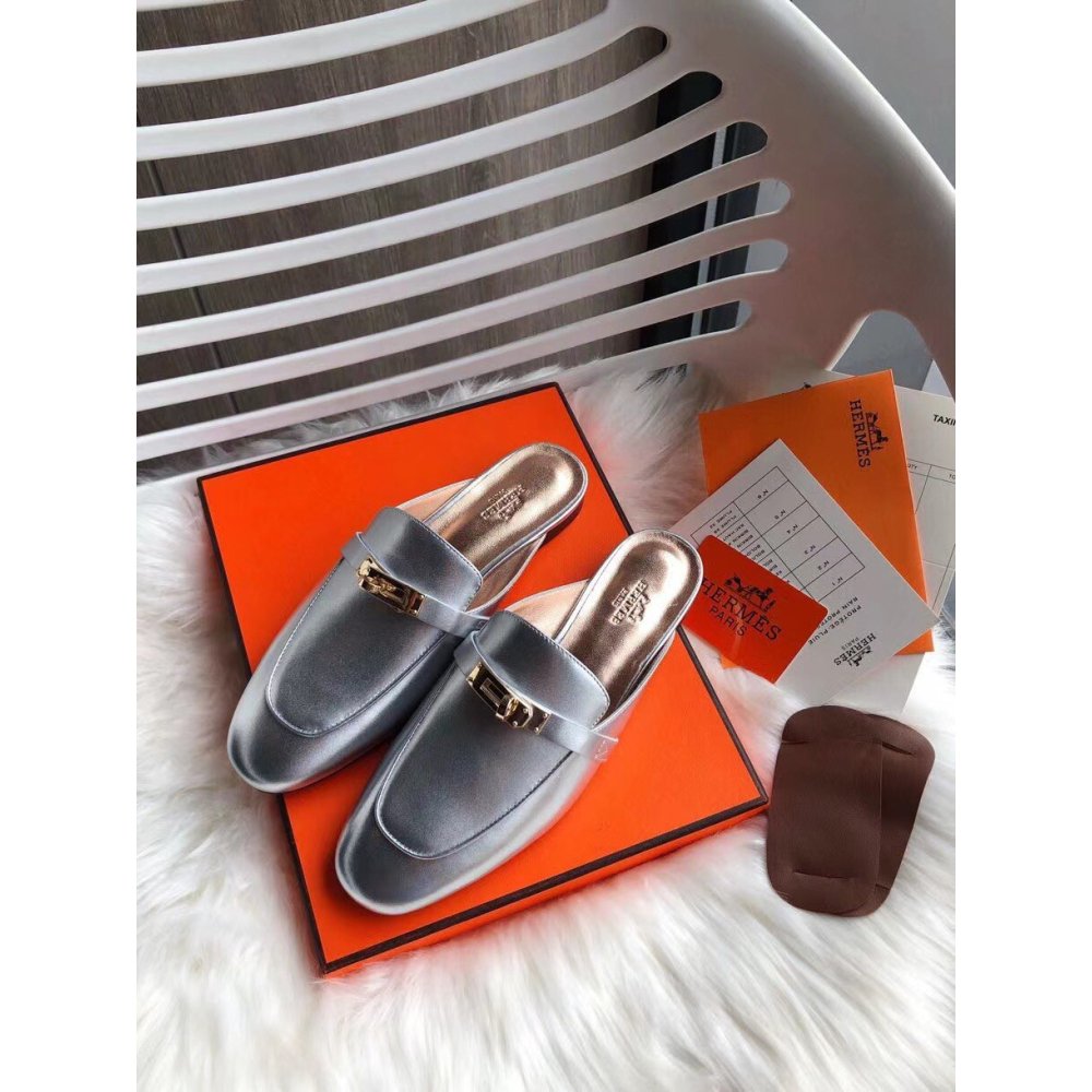 Cheap Reps Hermes Oz Mules In Silver Metallic Calfskin