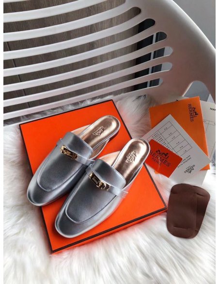 Cheap Reps Hermes Oz Mules In Silver Metallic Calfskin