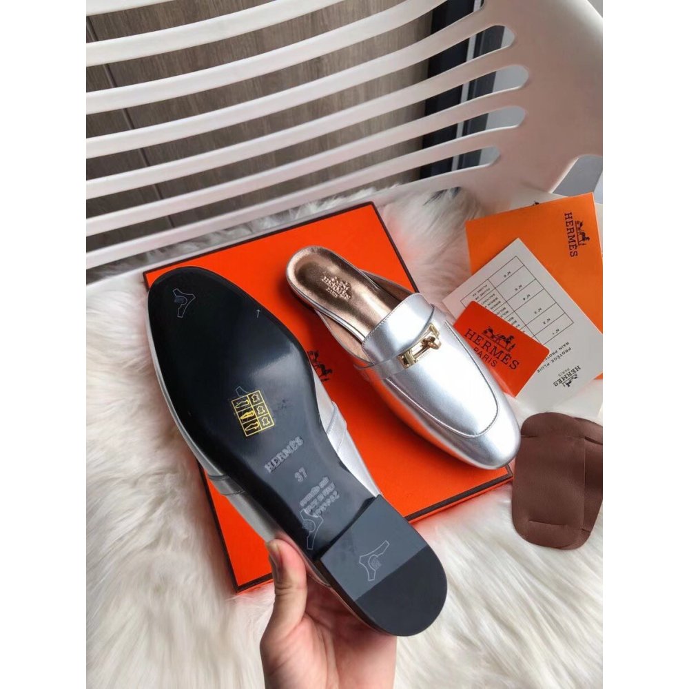 Cheap Reps Hermes Oz Mules In Silver Metallic Calfskin