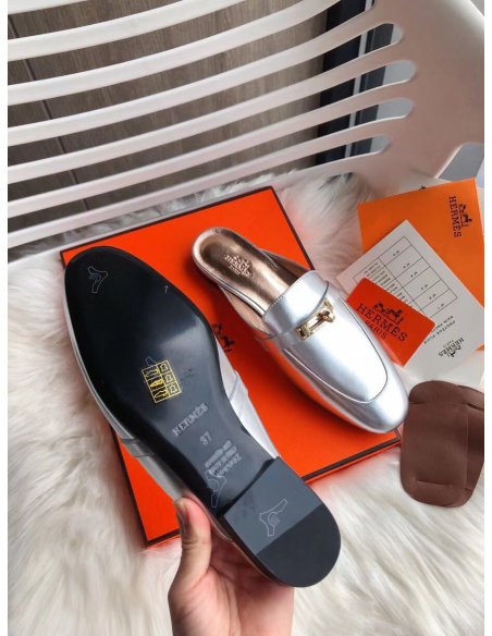 Cheap Reps Hermes Oz Mules In Silver Metallic Calfskin