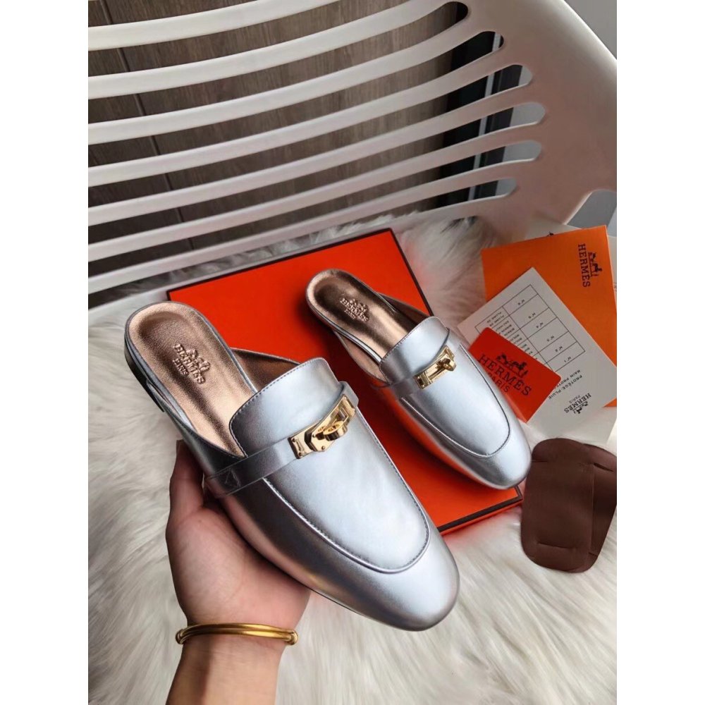 Cheap Reps Hermes Oz Mules In Silver Metallic Calfskin
