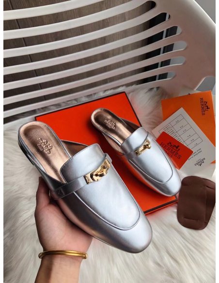 Cheap Reps Hermes Oz Mules In Silver Metallic Calfskin
