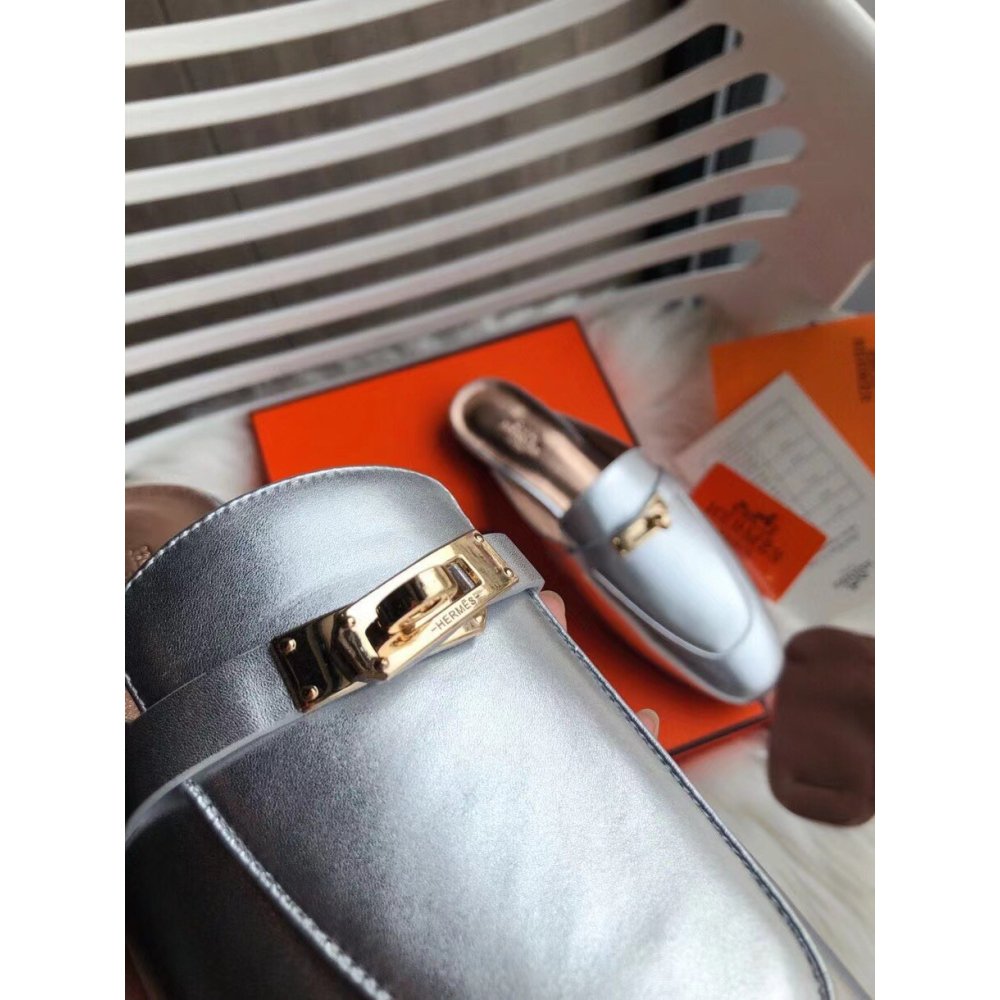Cheap Reps Hermes Oz Mules In Silver Metallic Calfskin