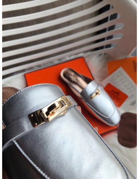 Cheap Reps Hermes Oz Mules In Silver Metallic Calfskin