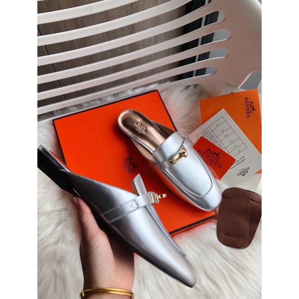 Cheap Reps Hermes Oz Mules In Silver Metallic Calfskin
